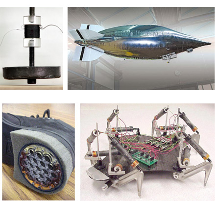 DEA application examples: Stack actuator lifting 600x its own weight and blimp (both courtesy of EMPA), heel-strike generator and FLEX 2 six-legged robot (both courtesy of SRI)
